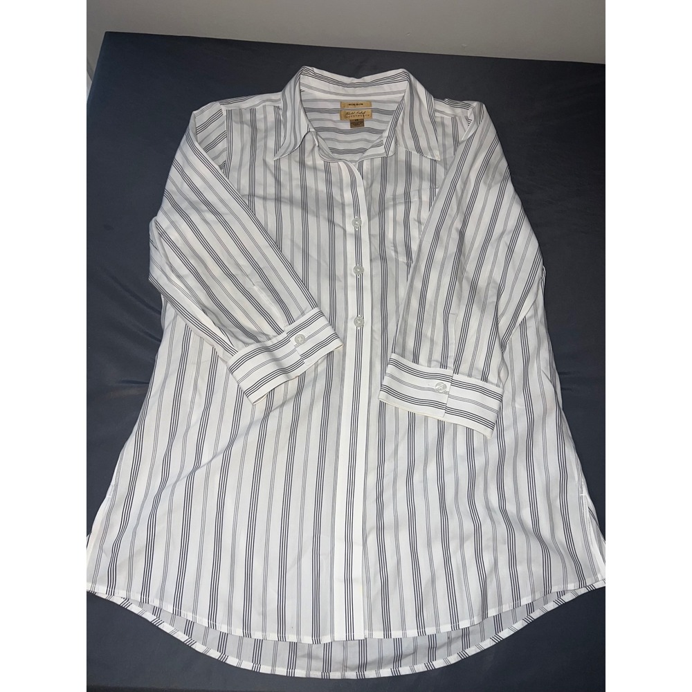 Gold Label Investments Womens 14 Striped Button Down Shirt Cotton Non-Iron White